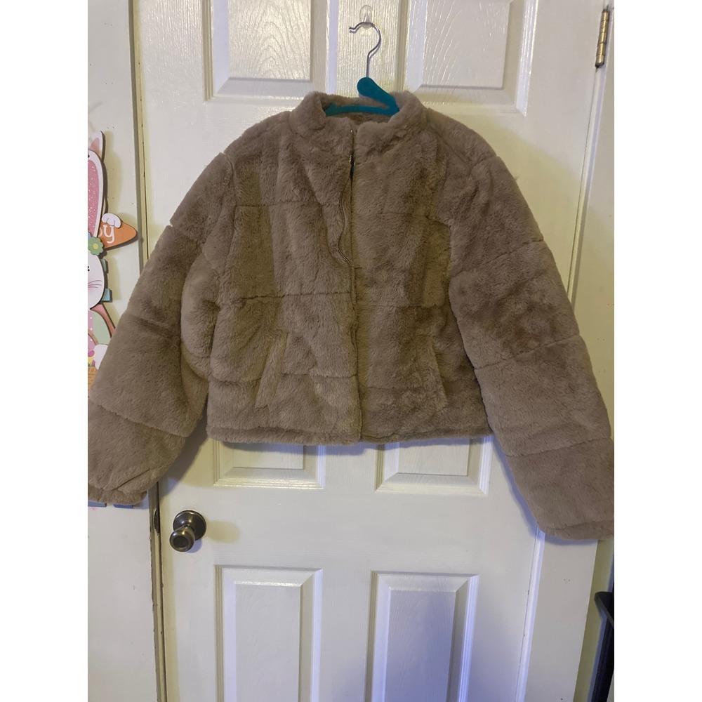 SWS Luxe Puffer Faux Fur Jacket Tan Cropped Zip Up Coat Women XL 60-7258